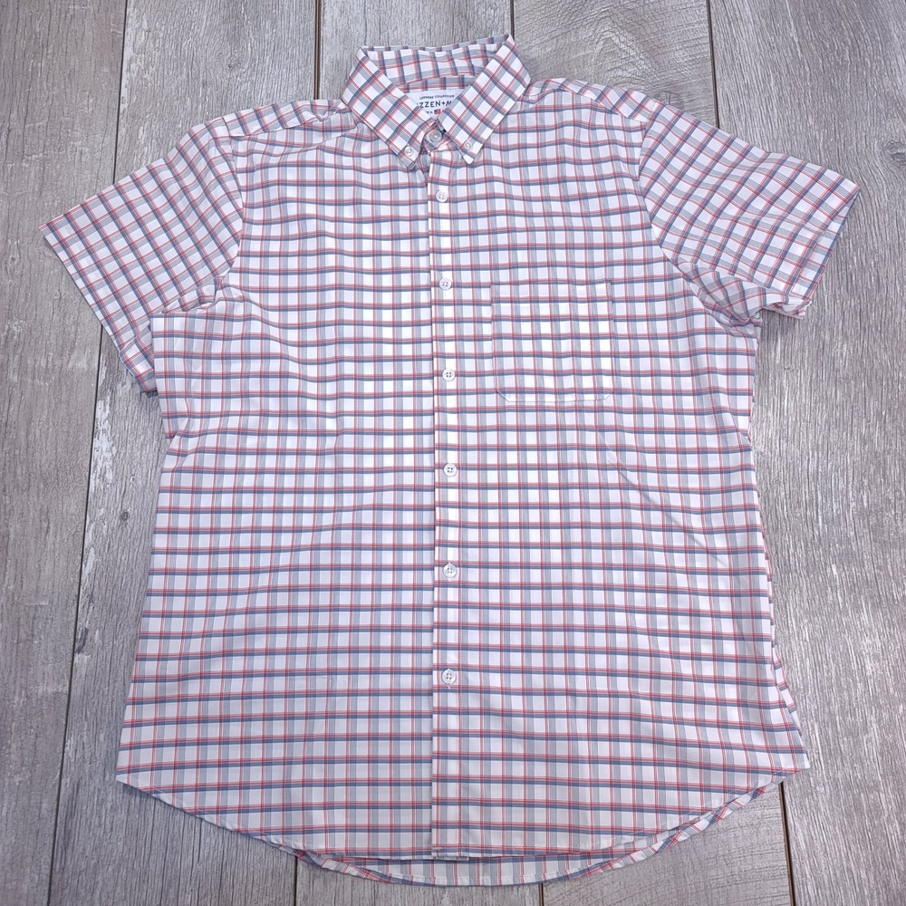 Mizzen+Main Button Front Shirt Mens Medium Red White Blue Plaid Leeward Standard